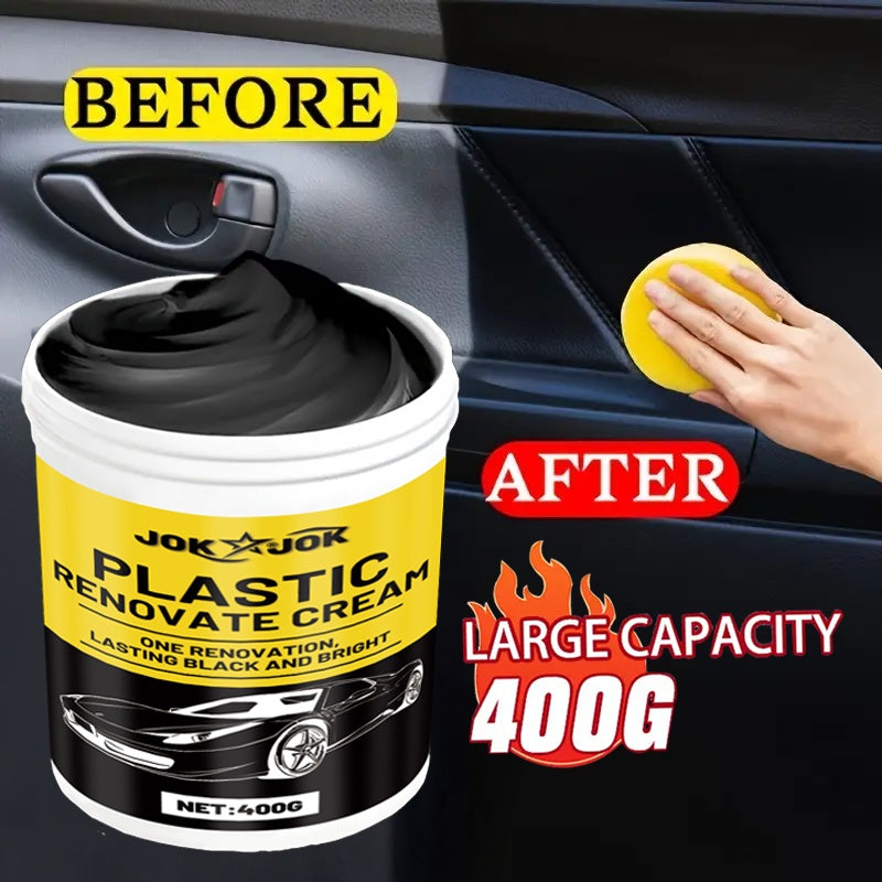 Polish pour plastiques et rénovateur de pneus 400 g avec éponge – Restaurateur tout-en-un pour tableau de bord, sièges et pare-chocs, formule PVC longue durée, éclat sans traces, application facile pour entretien automobile