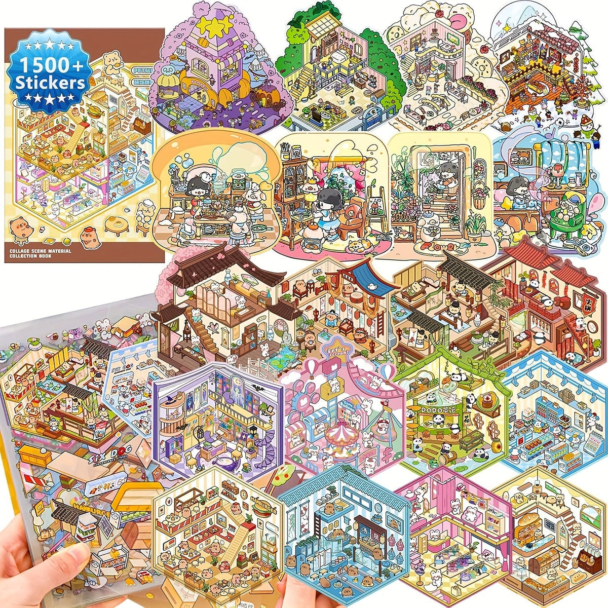 Livre d'autocollants de scènes 3D pour enfants 1500 pièces - Kit de scrapbooking créatif avec 20 cartes de scènes, 30 types de matériaux, autocollants de paysages des quatre saisons, ensemble d'activités artistiques et artisanales éducatives pour enfants