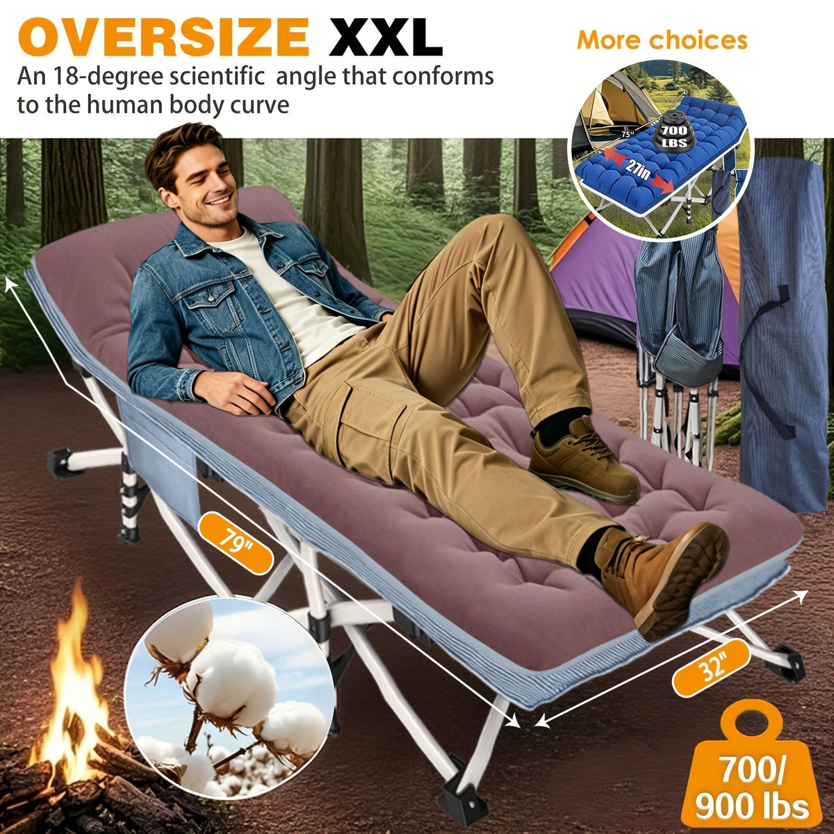 Lit de camp XXL de 81 cm de large avec matelas – Lit de couchage pliable ultra-robuste en tissu Oxford 1200D avec sac de transport pour adultes, lit d'appoint portable extra large pour le camping, la randonnée, les voyages et les invités