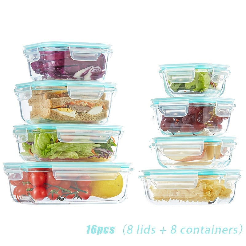 Lot de 8 récipients de conservation en verre avec couvercles – Boîtes de préparation de repas hermétiques en verre borosilicaté, compatibles four, micro-ondes et lave-vaisselle, rangement de cuisine empilable pour restes et déjeuners