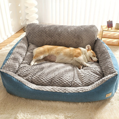Canapé-lit de luxe en peluche pour animaux avec dossier haut – Panier pour chiens et chats épais, chaud et lavable, confort toutes saisons, housse facile à nettoyer, tailles S L XL, bleu gris