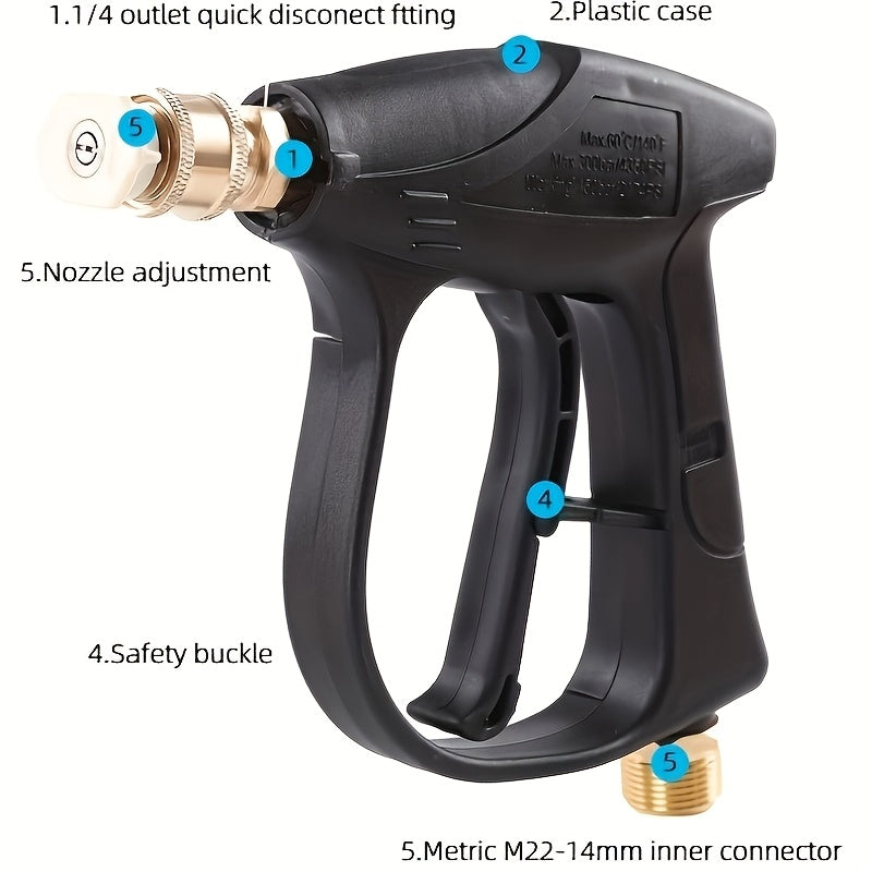 Pistolet pour nettoyeur haute pression 3000 PSI avec 5 buses, raccord rapide 1/4" et connecteur de tuyau M22-14 – Pistolet pulvérisateur pour lavage de voiture, irrigation de jardin et nettoyage de terrasse pour nettoyeurs haute pression