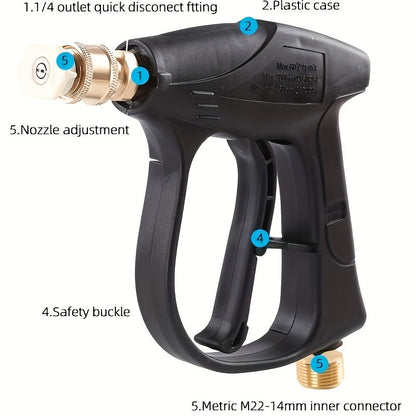 Pistolet pour nettoyeur haute pression 3000 PSI avec 5 buses, raccord rapide 1/4" et connecteur de tuyau M22-14 – Pistolet pulvérisateur pour lavage de voiture, irrigation de jardin et nettoyage de terrasse pour nettoyeurs haute pression