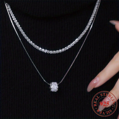 Collier double rang en argent sterling S925 pour femme, élégante chaîne de pull en zircon cubique, bijou minimaliste et tendance pour le quotidien et pour offrir, toutes saisons