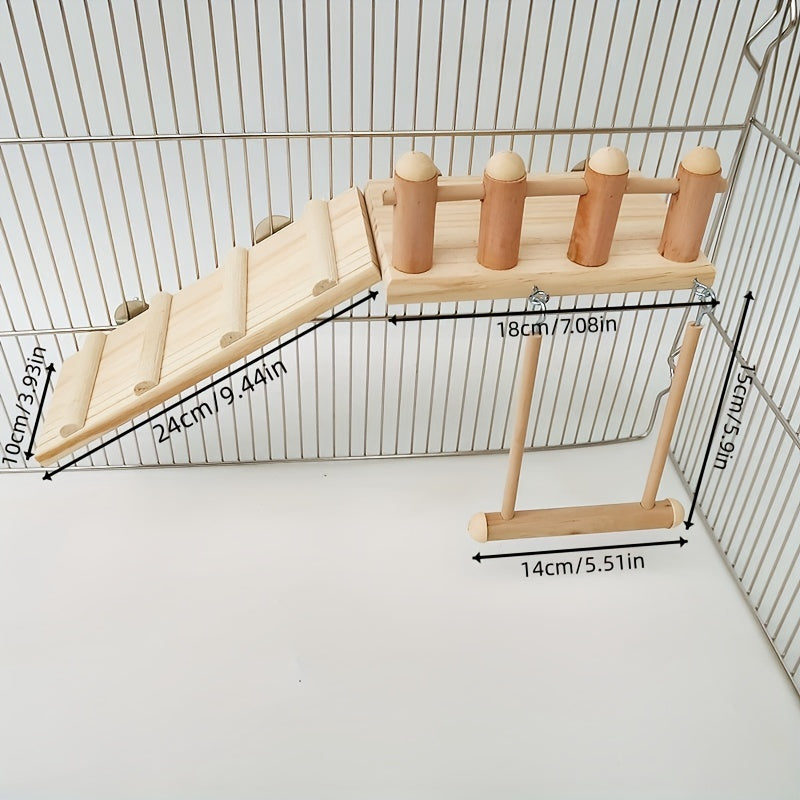 Balançoire perchoir en bois pour oiseaux avec échelle d'escalade - Plateforme de gym multi-niveaux en pin radiata pour perroquets, inséparables, calopsittes, chinchillas, hamsters - Support de jeu, échelle, balançoire et accessoire de cage pour oiseaux