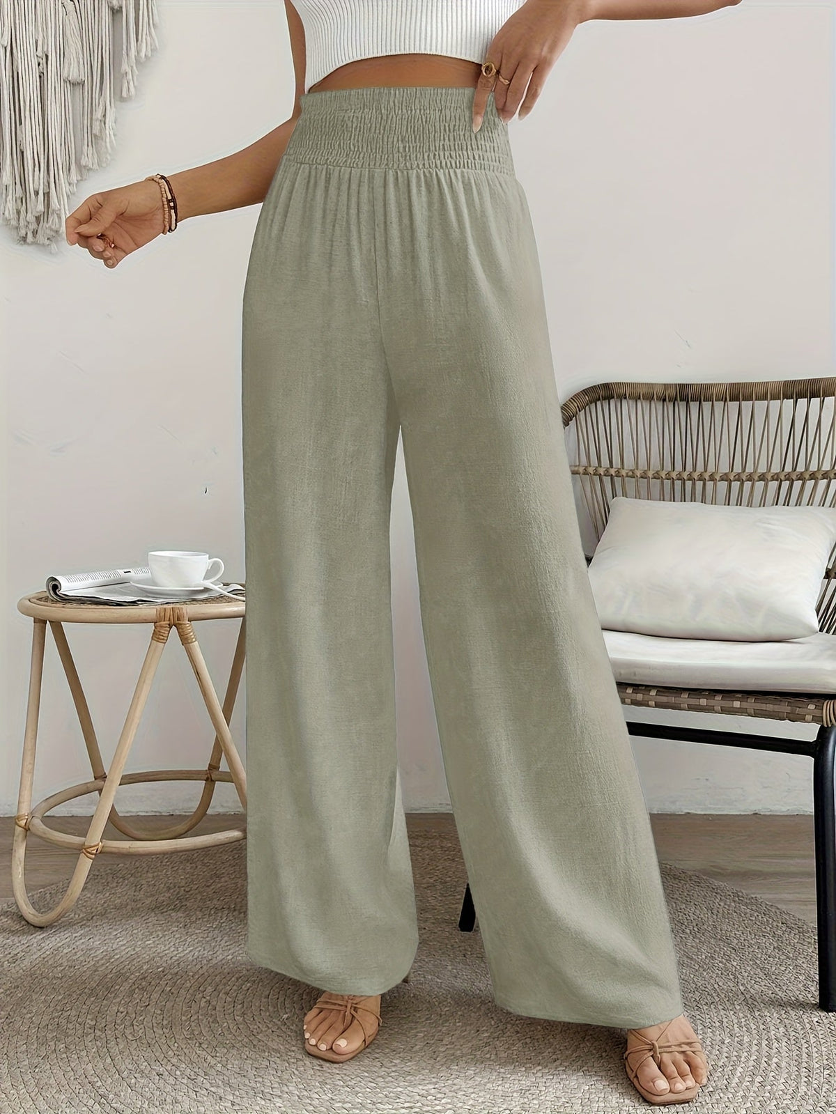 Pantalon élégant taille haute pour femme, couleur unie, matière lisse légèrement extensible - Pantalon décontracté chic, lavable en machine, idéal pour le printemps, l'été, l'automne, le bureau ou le quotidien