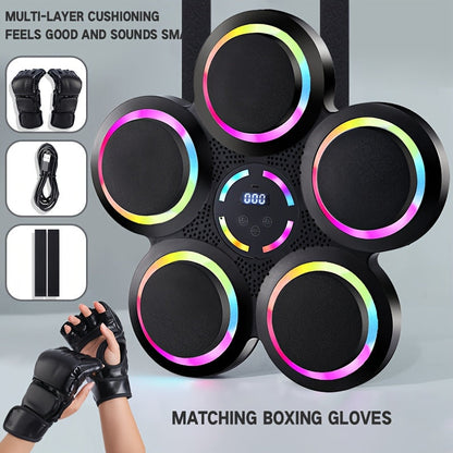 Machine de boxe musicale intelligente avec gants – Montage mural, éclairage rythmique LED, Bluetooth, 9 modes de vitesse, compteur de coups LED intelligent, cadeau de fitness pour salle de sport à domicile pour adultes et adolescents