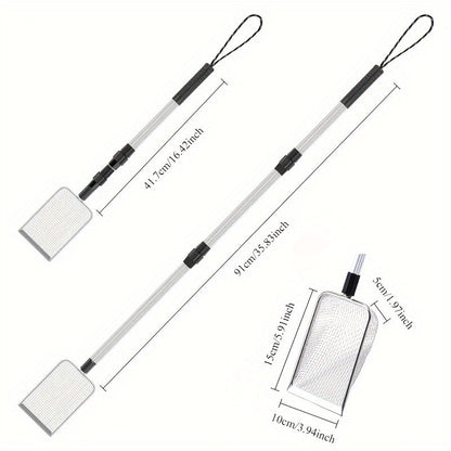 Pelle tamis de plage rétractable en acier inoxydable avec manche télescopique – Outil pour ramasser les coquillages, chercher des trésors et fouiller la plage sans se baisser | Sert aussi de pelle à litière pour chat (lot de 1 ou 2)