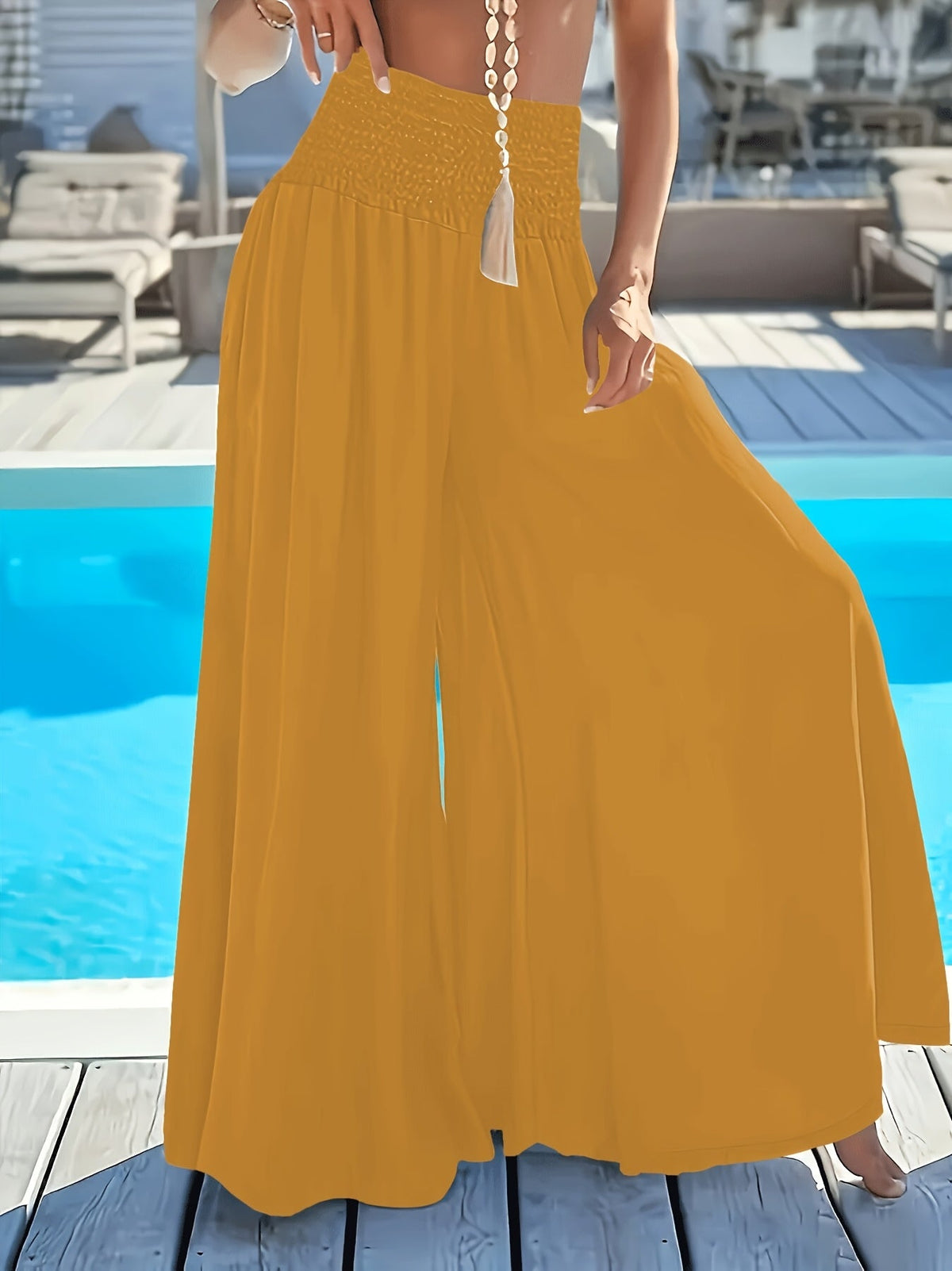 Pantalon large évasé pour femme, taille élastique, coupe ample, pantalon décontracté pour les vacances, bas élégants, blanc, noir, rouge, bleu paon, XS-XXL