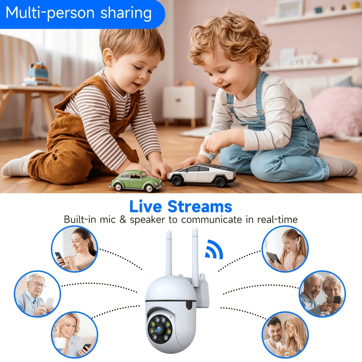 Lot de 2 caméras de sécurité WiFi 2K QHD PTZ panoramique 355° – Double bande 2,4 G/5 G, détection de mouvement par IA, vision nocturne couleur, audio bidirectionnel, stockage cloud et carte SD, babyphone, caméra de surveillance intérieure