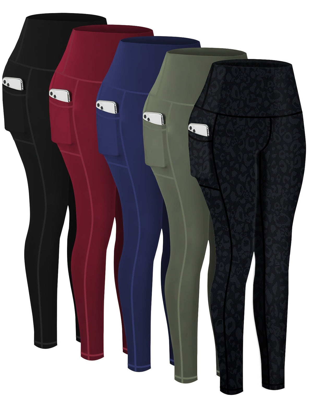 Lot de 5 pantalons de yoga de compression à motifs pour femmes – Leggings de fitness 7/8, coupe cheville, à motifs léopard, camouflage et unis, bas de survêtement de sport taille haute pour la gym, S-XXL