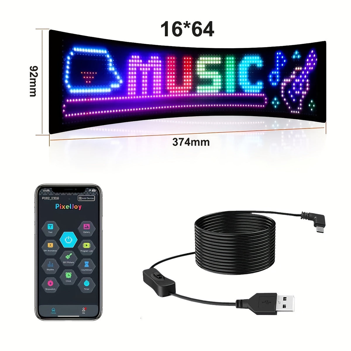 Panneau matrice LED flexible – Contrôlé par application Bluetooth, alimenté par USB, enseigne à texte et animation personnalisables pour voitures, magasins, hôtels, événements et décorations de fête – Tailles multiples