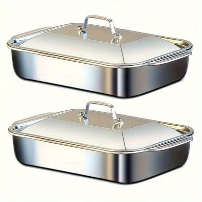 Ensemble de 4 plats de cuisson en acier inoxydable – 2 plats à rôtir profonds et 2 plats avec couvercle et poignées, plat rectangulaire de 6 litres et 41 cm pour dinde, lasagnes, poisson et poulet, compatible lave-vaisselle