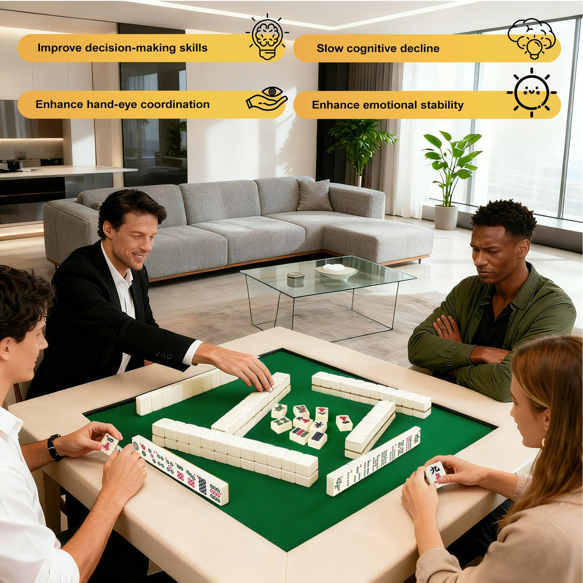 Set de mahjong 36 mm, 146 tuiles en mélamine avec mallette de transport - Tuiles pleine grandeur 3,5 cm blanc ivoire, chiffres arabes, dés, indicateurs de vent et instructions, cadeau de soirée de jeux en famille pour adultes
