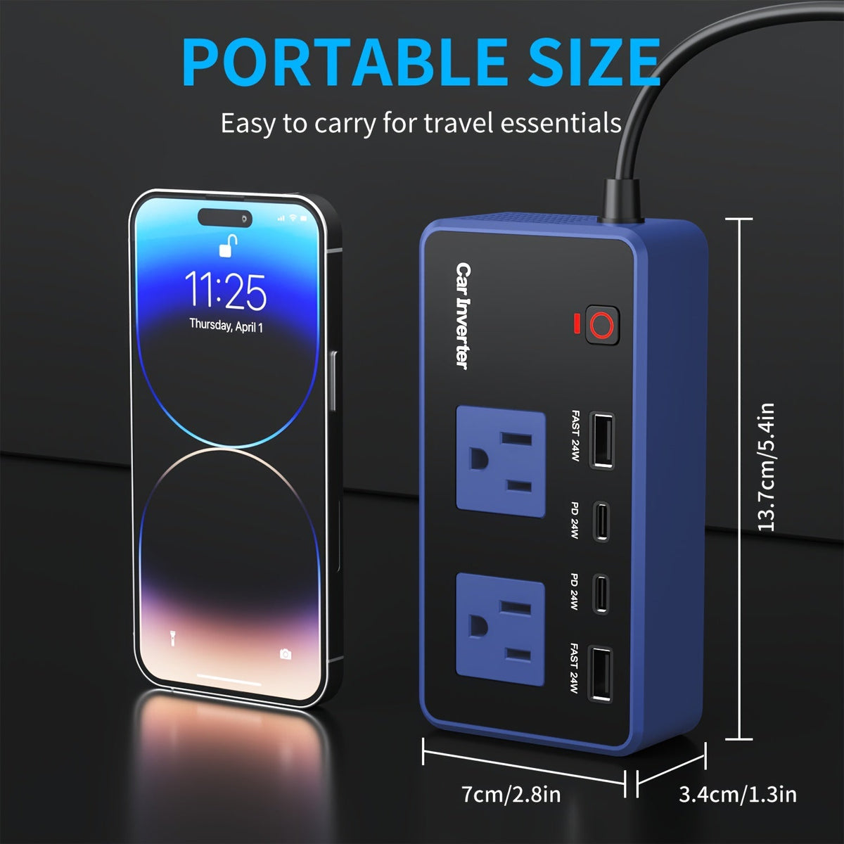 Convertisseur de courant voiture 200W 12V vers 110V CA – Charge rapide USB-C PD 24W, double port USB QC3.0, adaptateur de chargeur voiture multi-protection pour ordinateur portable, téléphone, voyage et route