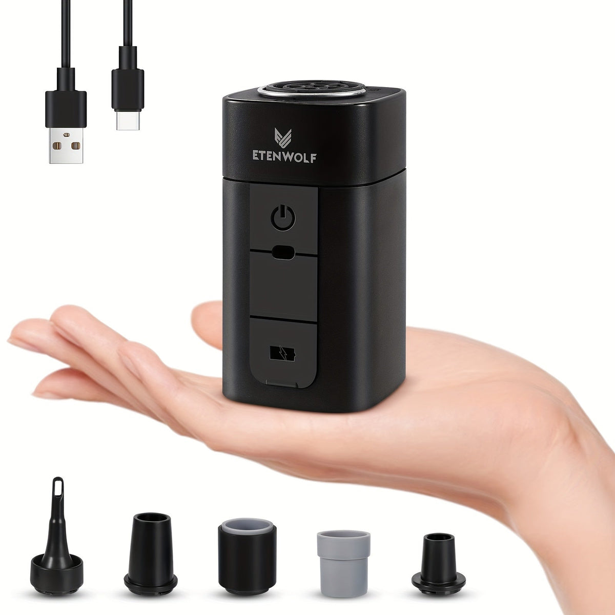 Pompe à air électrique portable 2600 mAh rechargeable par USB – Gonflage ultra-rapide pour matelas pneumatique, bouée, sacs de rangement sous vide et sacs de couchage, pompe de camping compacte et légère pour l'extérieur