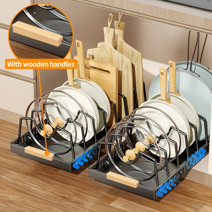 Organisateur de placard coulissant pour casseroles et poêles avec support à couvercles – 8/16 séparateurs réglables, installation sans perçage, rangement coulissant pour couvercles, ustensiles de pâtisserie et assiettes – 1 ou 2 pièces, noir et blanc