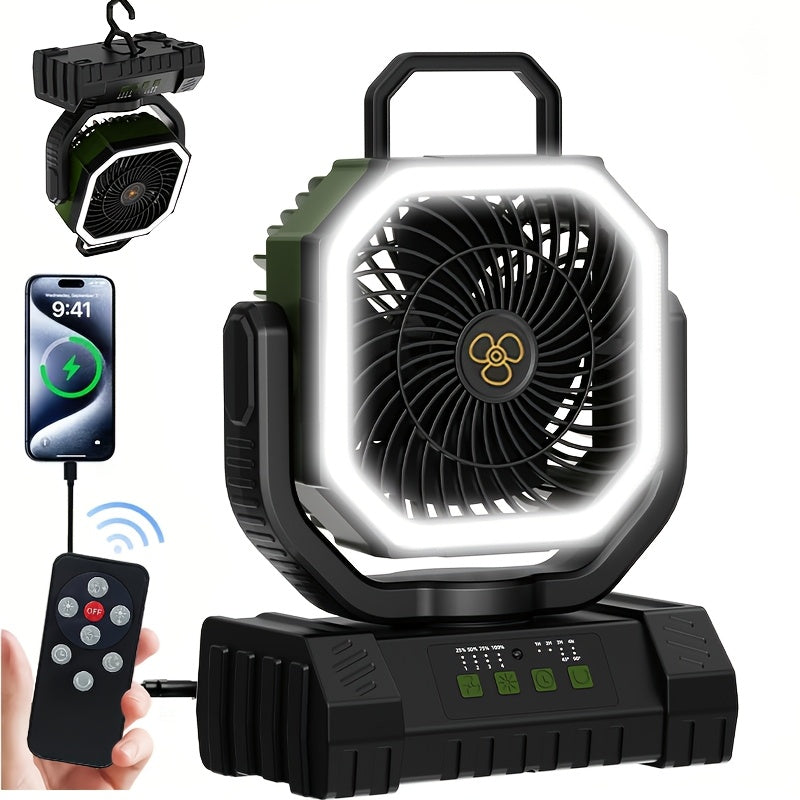 Ventilateur de camping à batterie 20 000 mAh, autonomie 59 h – Ventilateur oscillant portable rechargeable avec télécommande, 4 vitesses, éclairage LED et crochet pour tente, extérieur, terrasse, garage, coupure de courant ou ouragan