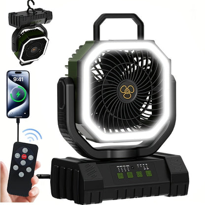 Ventilateur de camping à batterie 20 000 mAh, autonomie 59 h – Ventilateur oscillant portable rechargeable avec télécommande, 4 vitesses, éclairage LED et crochet pour tente, extérieur, terrasse, garage, coupure de courant ou ouragan