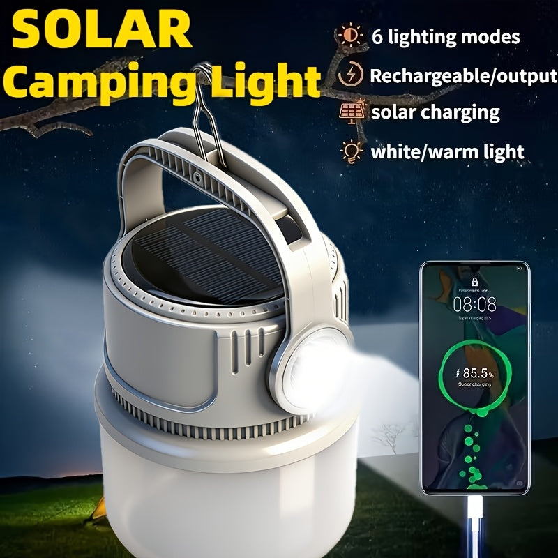 Lanterne de camping LED solaire rechargeable 6 modes - Batterie externe USB, crochet, autonomie 4-8 heures, éclairage extérieur portable pour camping sous tente, randonnée, alpinisme et urgence