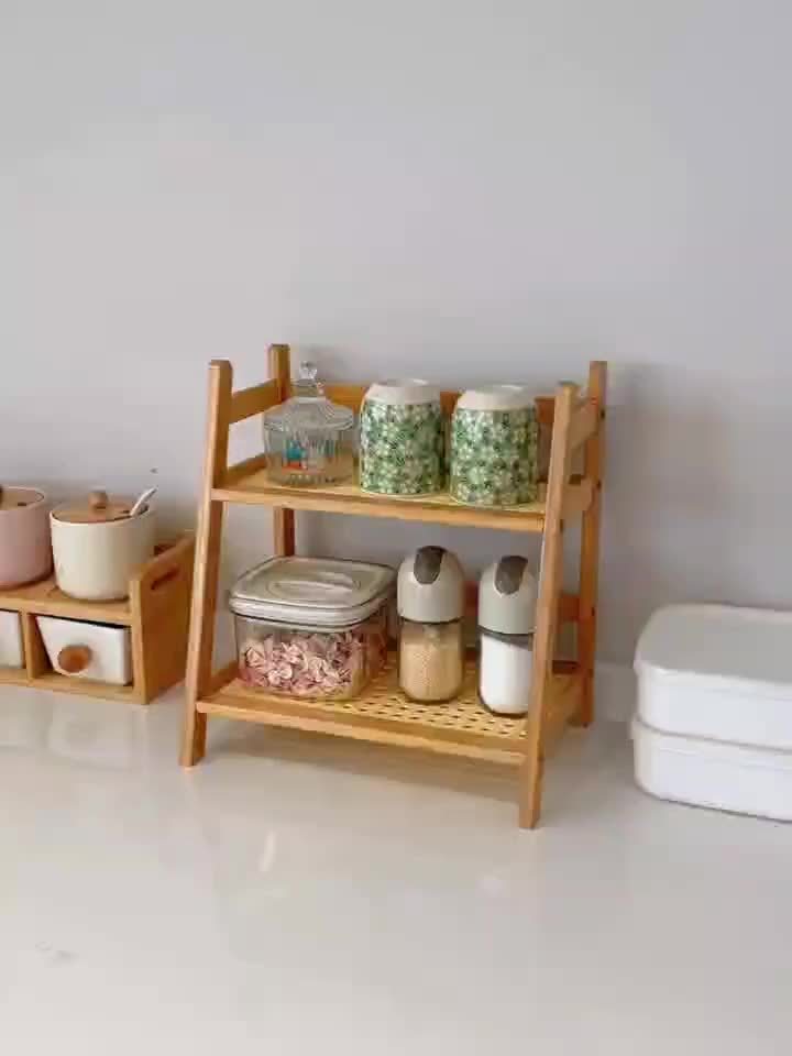 Étagère de comptoir en bois à 2 niveaux, design trapézoïdal vintage, organisateur de bureau en bambou pour cuisine, bureau, chambre, étagère de comptoir gain de place pour tasses à café, livres, décoration – Lot de 1 ou 2, grand et moyen