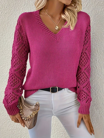 Women's Elegant V-Neck Hollow Knit Sweater – Long Sleeve Pullover Micro-Stretch Spring Fall Layering Lightweight Casual Chic Knitwear
