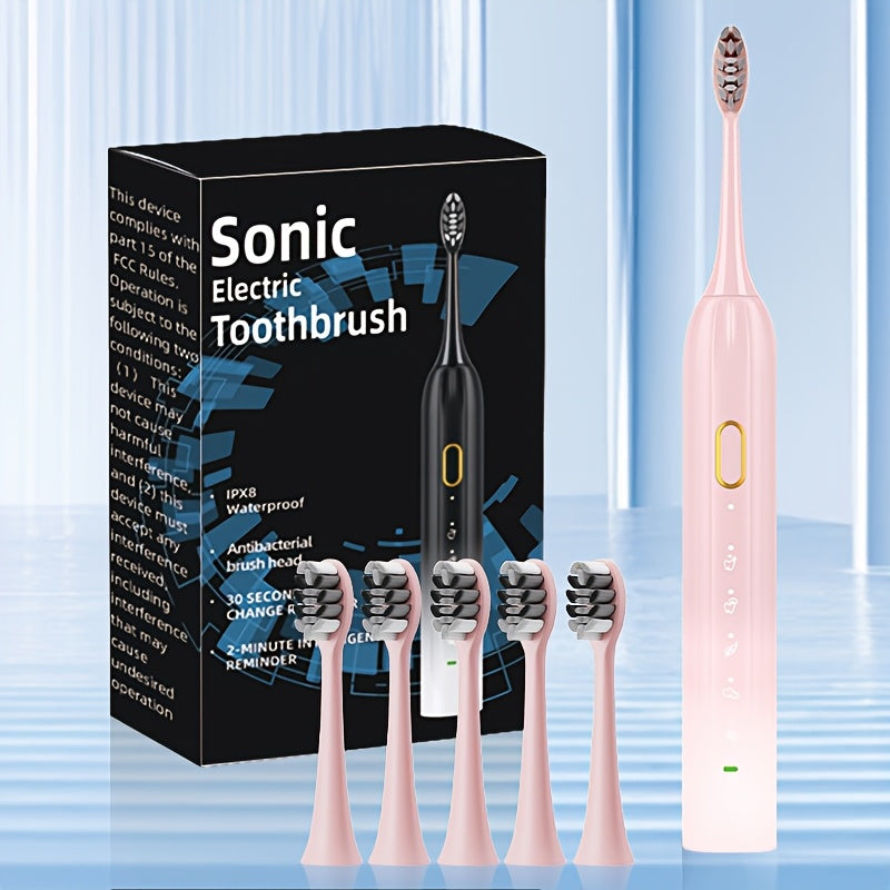 Sonic Electric Toothbrush IPX8 Waterproof USB Rechargeable with 5 Replacement Brush Heads Smart Timer Metal Shaft for Adults Men Women Couple Style Rechargeable Oral Care