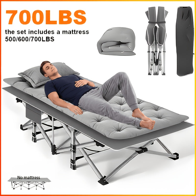Lit de camp pliant robuste avec matelas pour adultes – Capacité de 500/600/700 lb, lit d'extérieur portable avec sac de transport pour tentes, camping et voyages – 3 modèles, 3 couleurs