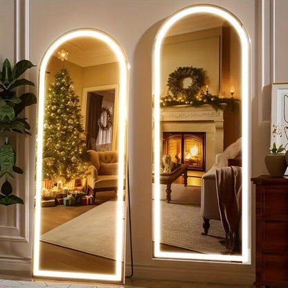 Miroir sur pied pleine longueur avec lumières LED - Sommet arqué et rectangulaire, cadre en aluminium, miroir habillage sur pied de 180 cm pour chambre et salon, noir or blanc, verre trempé de 5 mm