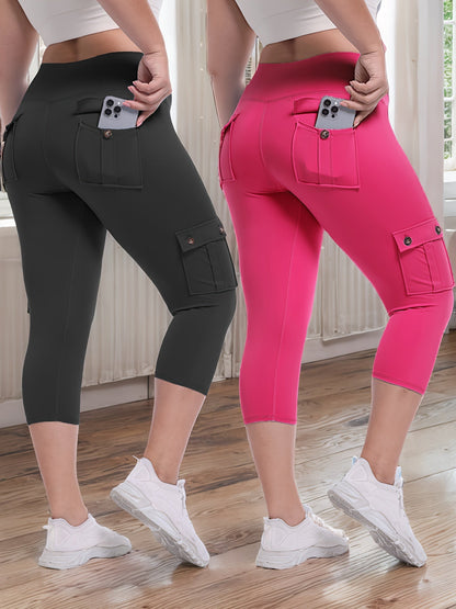 Pantalon de yoga Capri taille haute, lot de 2 – Legging en élasthanne extensible dans les 4 sens, gainant et galbant, avec 4 poches, pantacourt de sport pour femme, 9 ensembles de couleurs, tailles S à XXL