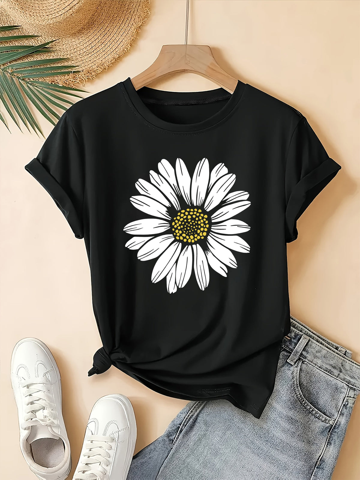 T-shirt à col rond imprimé marguerites pour femme | Hauts d'été décontractés pour femme, t-shirts à manches courtes avec motif floral mignon S M L XL XXL