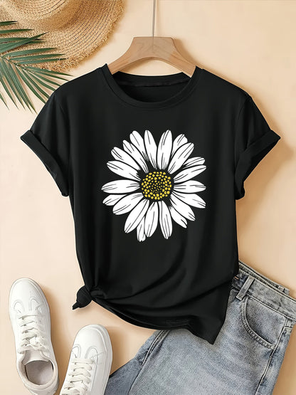 T-shirt à col rond imprimé marguerites pour femme | Hauts d'été décontractés pour femme, t-shirts à manches courtes avec motif floral mignon S M L XL XXL