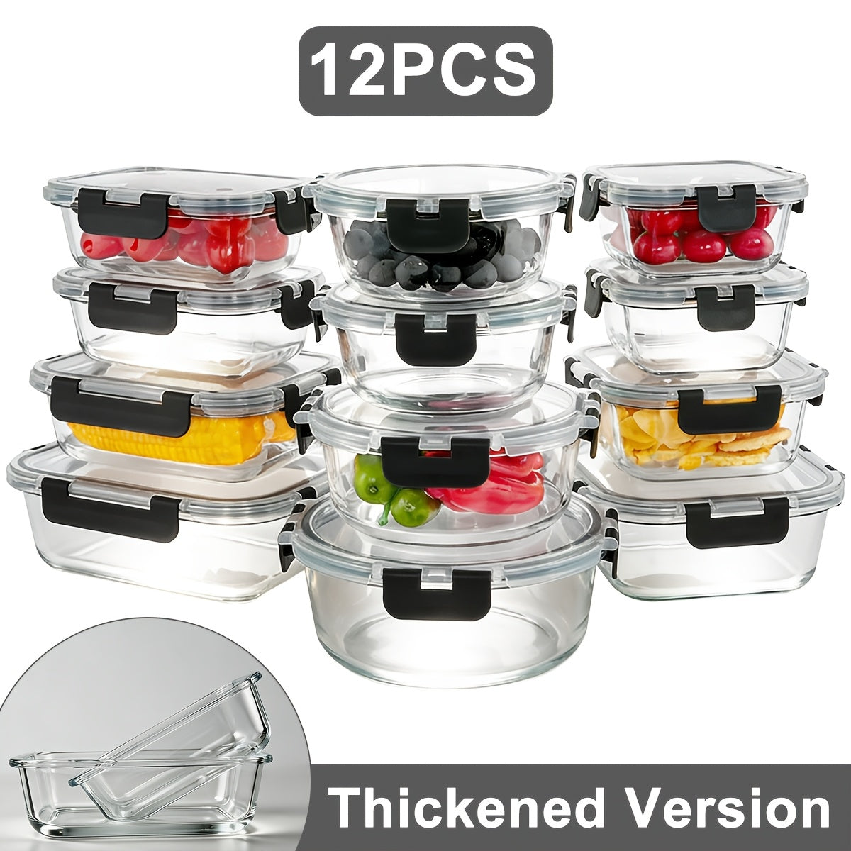 Ensemble de 12 récipients alimentaires en verre avec couvercles, boîtes de préparation de repas hermétiques et étanches, boîtes à déjeuner bento en verre épais compatibles micro-ondes, four, congélateur et lave-vaisselle, organisateur de garde-manger