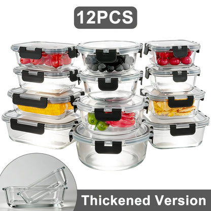 Ensemble de 12 récipients alimentaires en verre avec couvercles, boîtes de préparation de repas hermétiques et étanches, boîtes à déjeuner bento en verre épais compatibles micro-ondes, four, congélateur et lave-vaisselle, organisateur de garde-manger