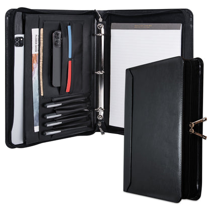 Classeur à anneaux avec fermeture éclair en cuir vegan, format A4, avec pochette pour ordinateur portable, organisateur de travail pour femmes et hommes