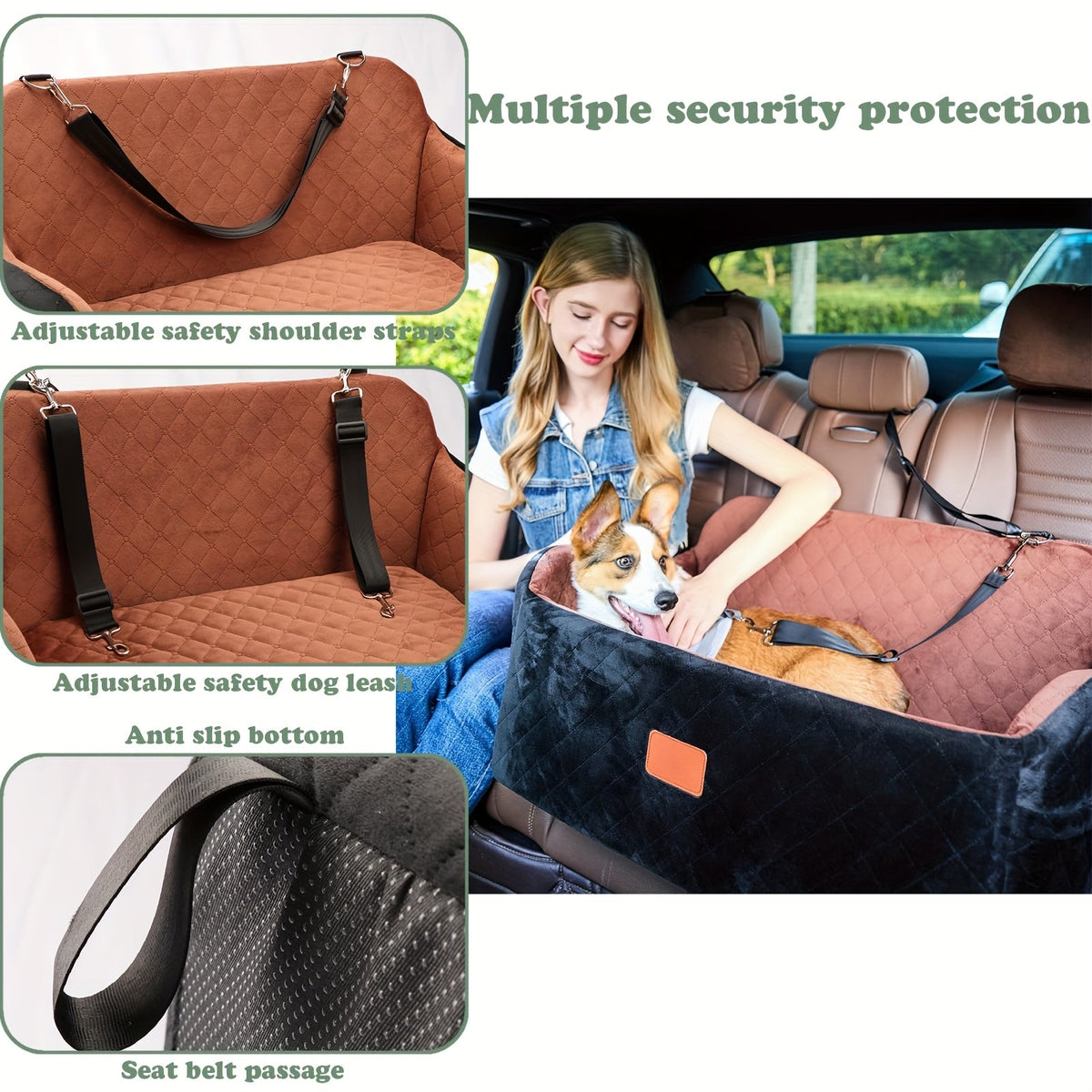 Siège auto pour chiens de taille moyenne à grande – Panier de voyage lavable en mousse à mémoire de forme pour animaux avec passage pour ceinture de sécurité, sangles réglables et installation en 3 points, Gris Noir Marron Tout Noir Noir Gris