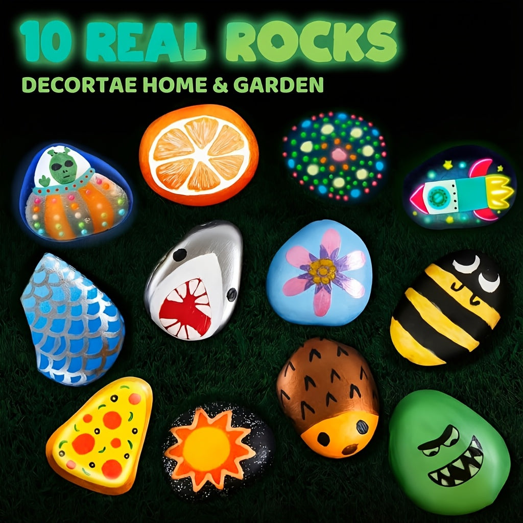 Kit de peinture sur galets phosphorescents pour enfants dès 6 ans – Ensemble complet d'arts créatifs avec 10 galets, 17 peintures, pierres précieuses, pinceaux et autocollants | Jouet créatif STEM pour garçons et filles, cadeau d'anniversaire et de Pâques