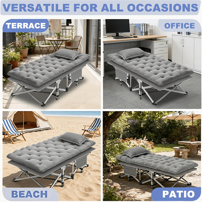 Lit de camping pliant avec matelas et poches latérales – Lit de camp portable robuste pour adultes, lit d'appoint pliable pour le camping, l'extérieur, la terrasse, le bureau ou la chambre d'amis