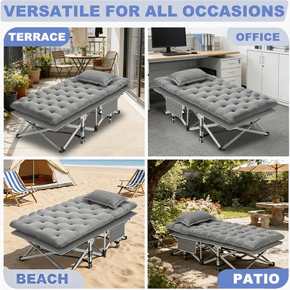 Lit de camping pliant avec matelas et poches latérales – Lit de camp portable robuste pour adultes, lit d'appoint pliable pour le camping, l'extérieur, la terrasse, le bureau ou la chambre d'amis