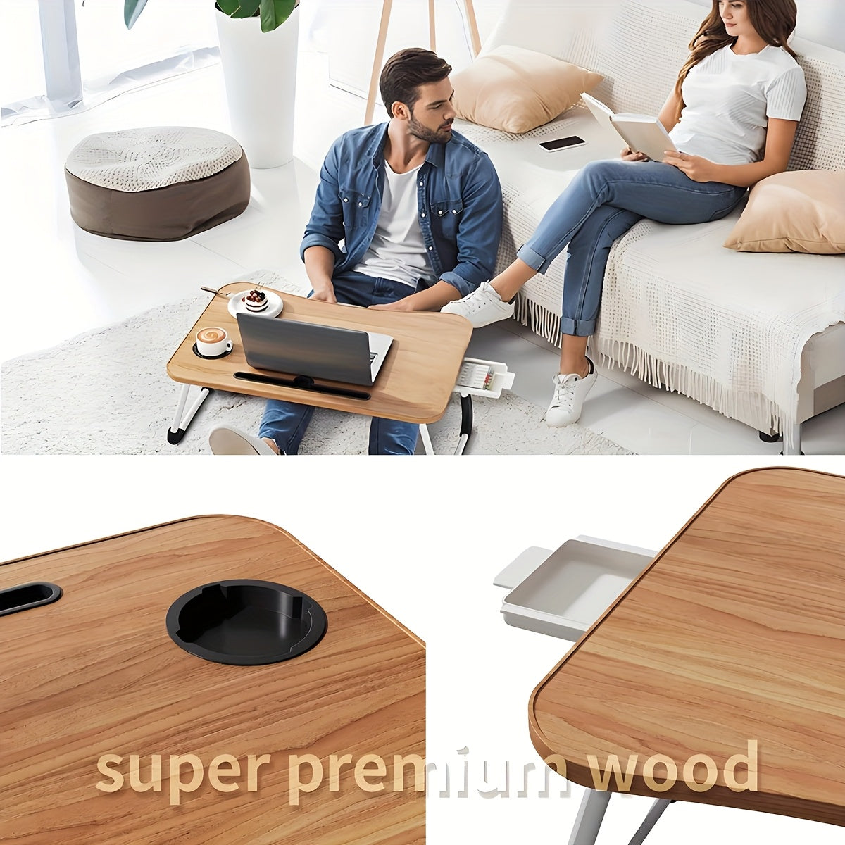 Plateau de lit pour ordinateur portable et repas – Grand plateau de petit-déjeuner avec porte-gobelet et tiroir pour canapé, sol, étude, lecture et écriture, table d'appoint portable