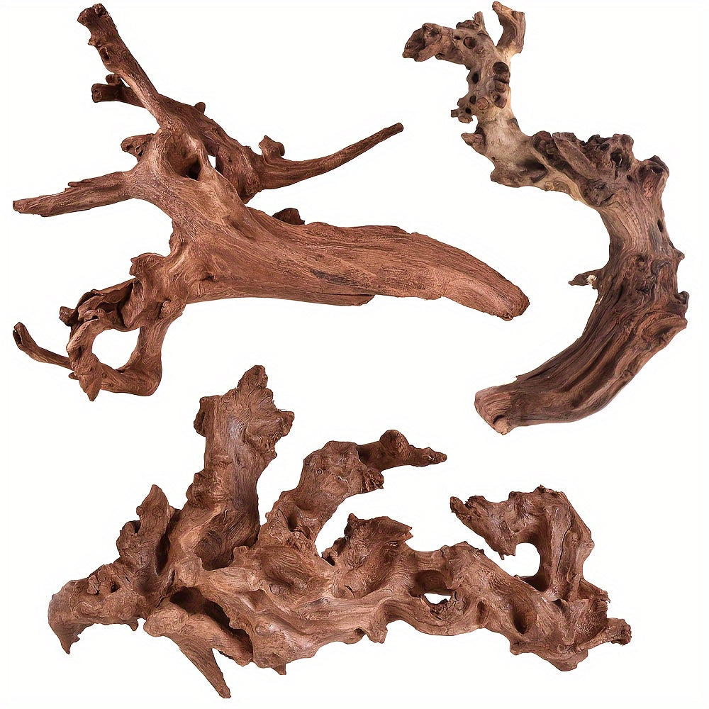 Bois flotté naturel à couler pour décoration d'aquarium – Lot de 3 grandes pièces en bois véritable pour aquarium d'eau douce, reptile et terrarium, bois flotté de teck violet sans danger pour les poissons