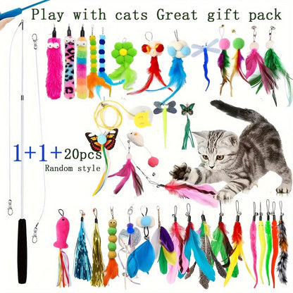 Ensemble de jouets interactifs pour chat : canne télescopique avec plumes de rechange aléatoires pour l'exercice et le jeu des chats d'intérieur, sans pile nécessaire, choix de 5, 10, 15, 20 ou 25 têtes.