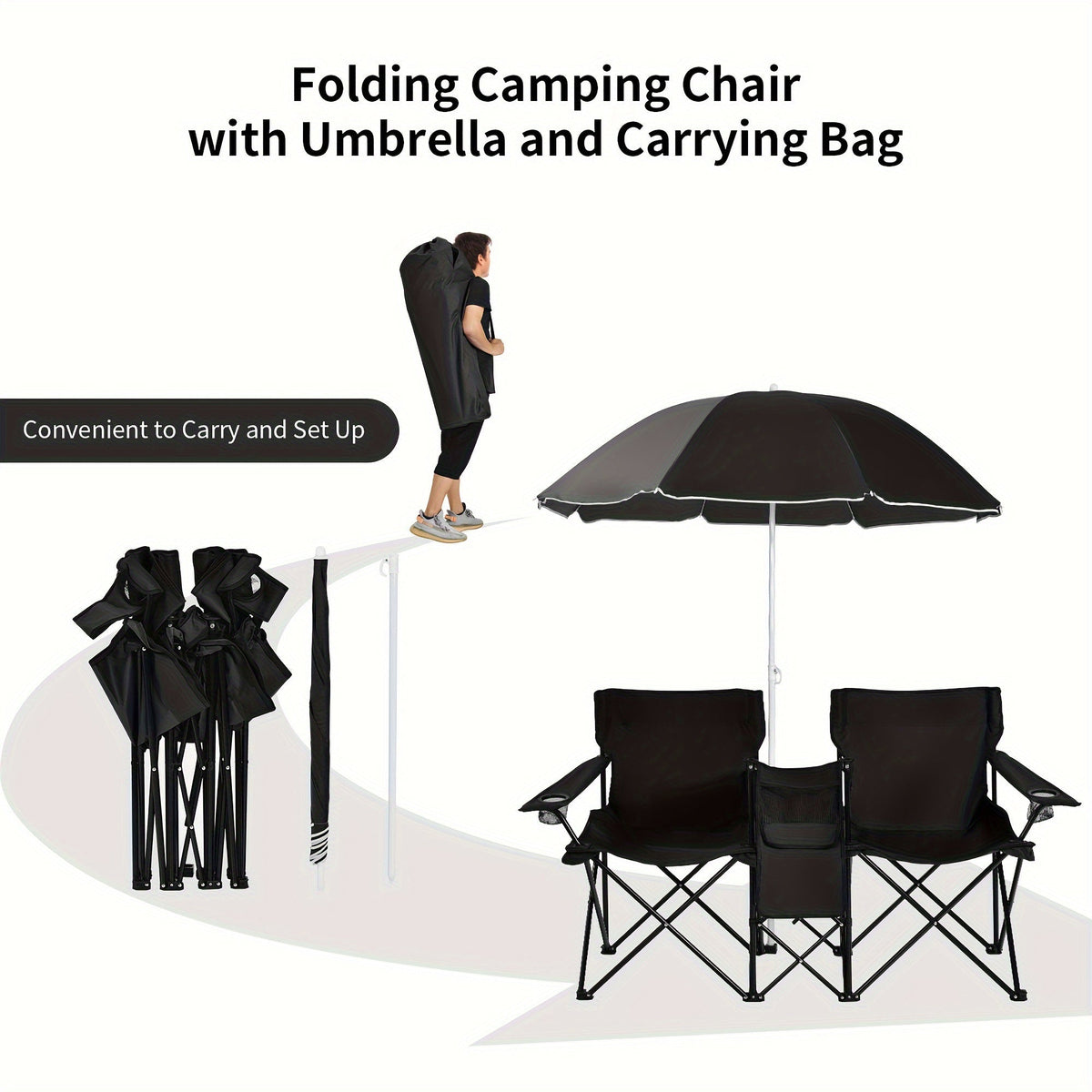 Ensemble de 2 chaises de plage pliantes avec parasol, table et sac isotherme – Chaise de pique-nique compacte et pliable pour la plage, le camping et les sorties en plein air, capacité de 122 kg par siège