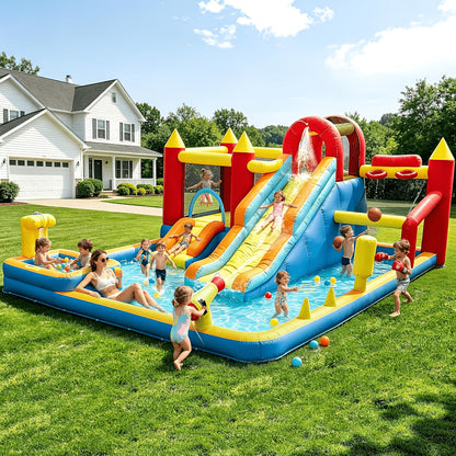 Château gonflable aquatique 13-en-1 avec souffleur 550W, double toboggan, pataugeoire, canon à eau, mur d'escalade, panier de basket, jeux de pêche et de lancer d'anneaux - Parc aquatique pour enfants pour le jardin, idéal pour l'été