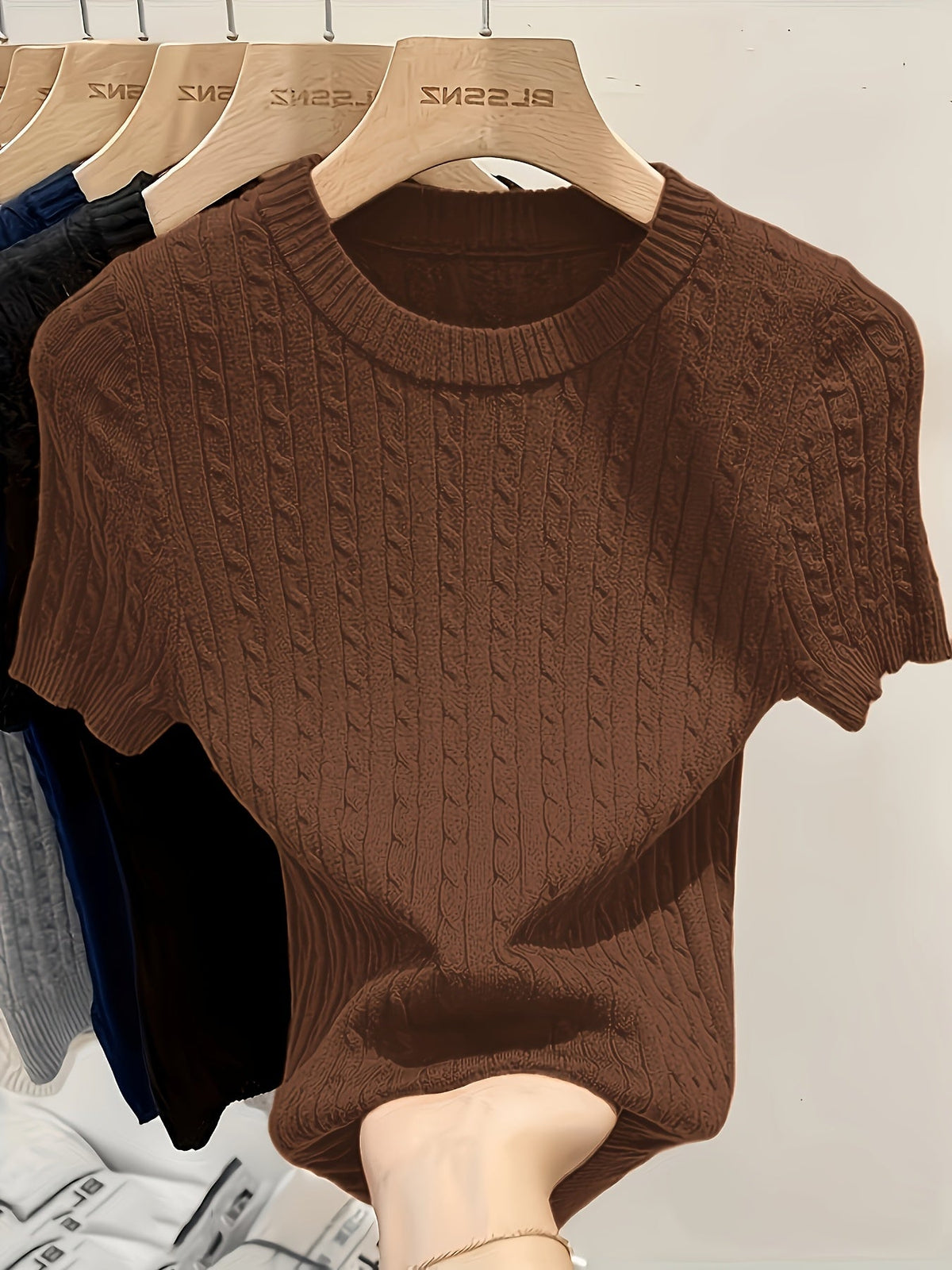 Pull femme en jacquard à manches courtes, chic, tricot torsadé, col rond, ourlet et poignets côtelés, léger, viscose, printemps-été, décontracté, S M L XL XXL