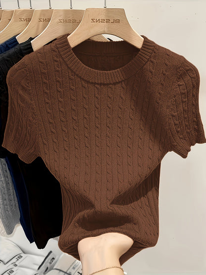 Pull femme en jacquard à manches courtes, chic, tricot torsadé, col rond, ourlet et poignets côtelés, léger, viscose, printemps-été, décontracté, S M L XL XXL