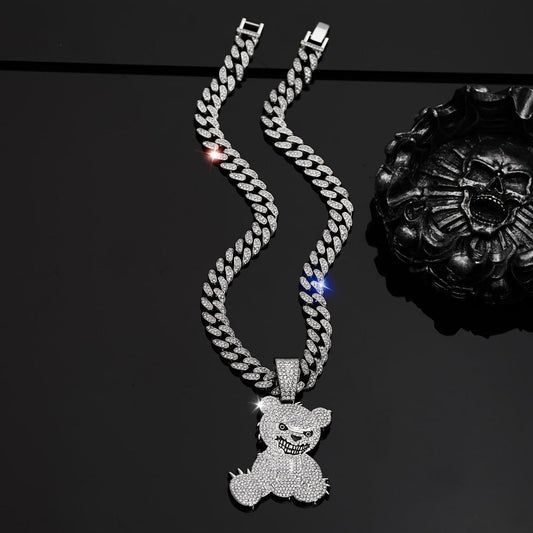 Collier pendentif ours Hip Hop plaqué argent 925 – Bijou streetwear audacieux pour hommes et femmes, chaîne de 50 cm, léger 1,4 g, idéal pour les fêtes, les festivals de musique et le quotidien