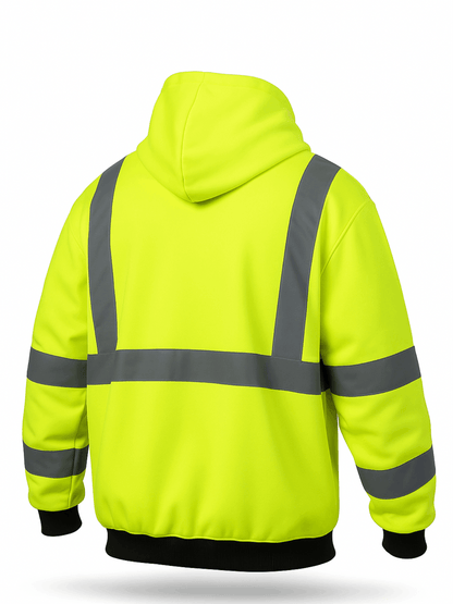 Sweat-shirt à capuche zippé en polaire haute visibilité ANSI classe 3 type R, vêtement de travail de chantier unisexe avec cache-cou, jaune fluorescent