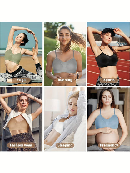 Lot de 4 brassières débardeurs à col en V avec coussinets – Soutien-gorge de sport sans armatures avec bretelles réglables pour femme, ensemble de brassières douces avec coussinets pour le quotidien, tailles S-XL, couleurs rouille, beige, vert, bleu