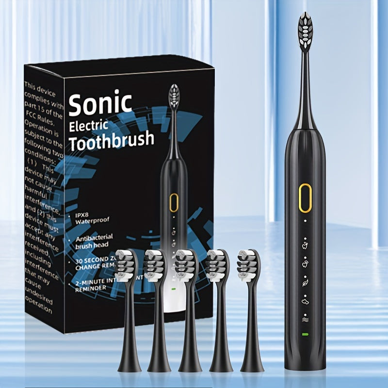 Sonic Electric Toothbrush IPX8 Waterproof USB Rechargeable with 5 Replacement Brush Heads Smart Timer Metal Shaft for Adults Men Women Couple Style Rechargeable Oral Care